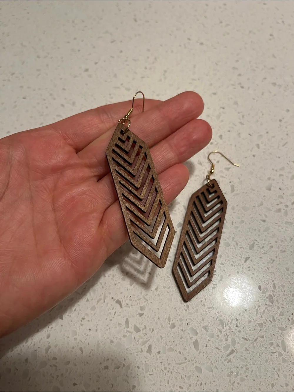 Brown Hollow Hexagon Striped Dangle Wooden Earrings, Minimalist & Casual